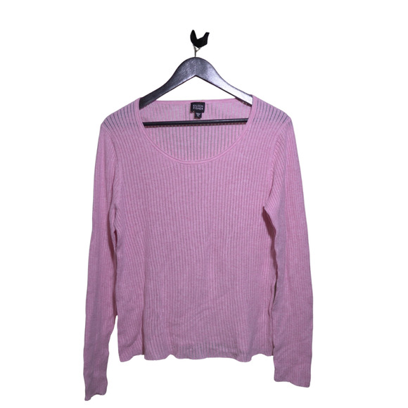 Eileen Fisher Cotton Sweater Pink Knit Pull Over Scoop Neck Long Sleeve Ribbed - Picture 1 of 6